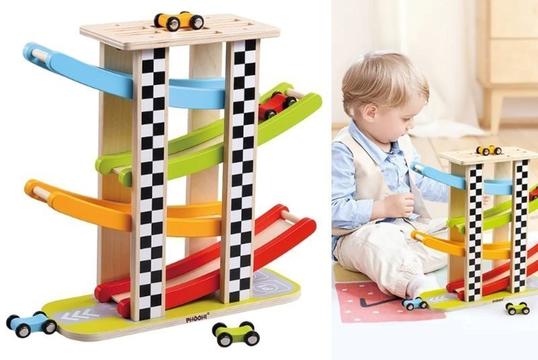Πολύχρωμη Ξύλινη Πίστα με 4 Ράμπες Αυτοκινήτων για 18m+ Phoohi - Ιδανικό Παιχνίδι Ανάπτυξης & Διασκέδασης!