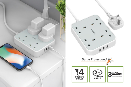 TESSAN Πολύπριζο 4 Θέσεων με 3 Θύρες USB & Καλώδιο 2m - Ιδανικό για Σπίτι & Ταξίδια