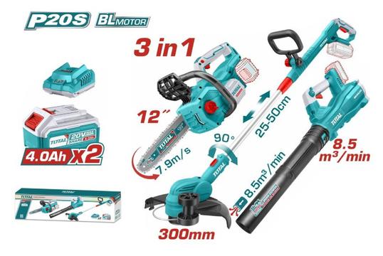 TOTAL Σετ 3 σε 1: Αλυσοπρίονο, Θαμνοκοπτικό & Φυσητήρας 20V με 2 Μπαταρίες - Ελευθερία & Ισχύς Χωρίς Περιορισμούς