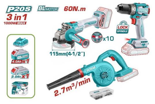 Επαγγελματικό Σετ TOTAL με 2 Μπαταρίες - Γωνιακός Τροχός + Δραπανοκατσάβιδο + Φυσητήρας
